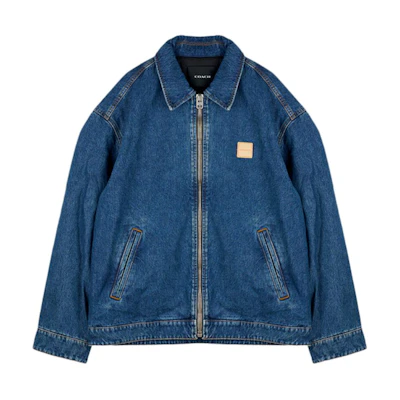COACH Dark Wash Denim Jacket with Zip-Up Collar and Long Sleeves FW24. CV457-COK
