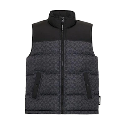 COACH FW24 Logo Patchwork Zip-Up Sleeveless Down Vest - Charcoal Gray CU801-R8E
