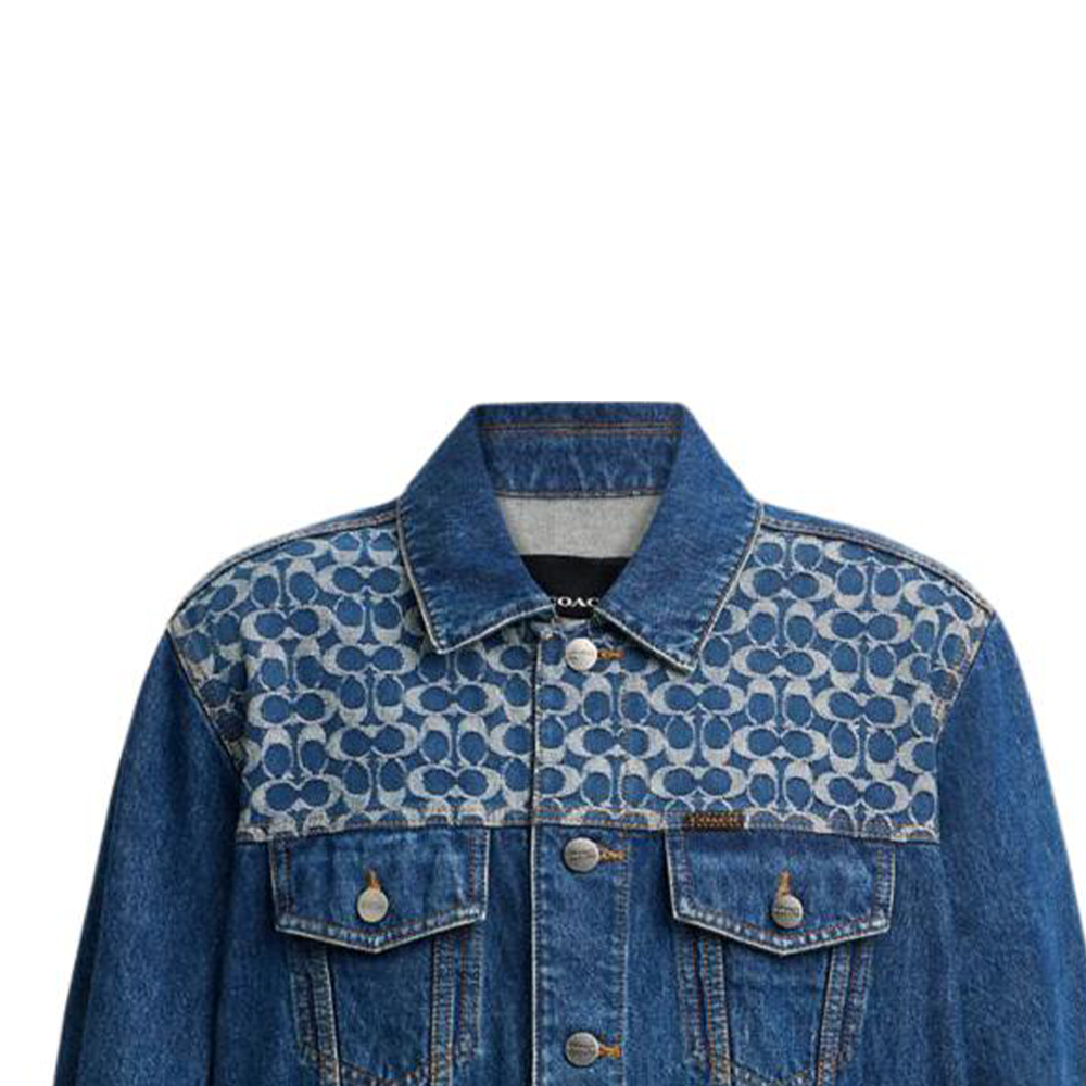 Shop COACH 幾何圖形牛仔外套 單排扣長袖 - 藍色 CV456-COK
