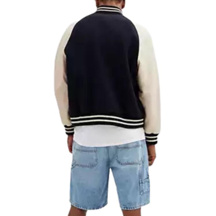 Shop COACH 海軍藍拼接棒球立領長袖外套 CU367-X7G