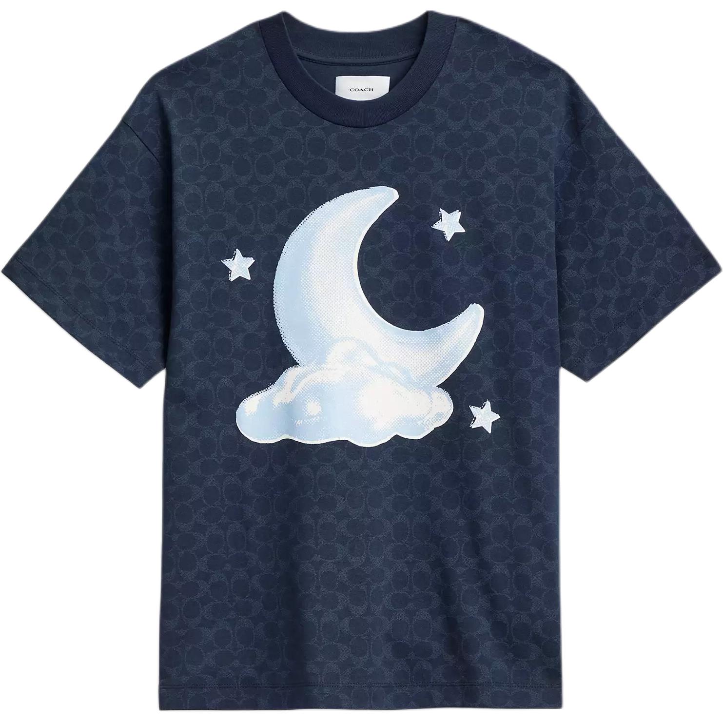 COACH  Signature Moon Relaxed Organic Cotton Printed Navy Blue T-Shirt. CY375-OGF