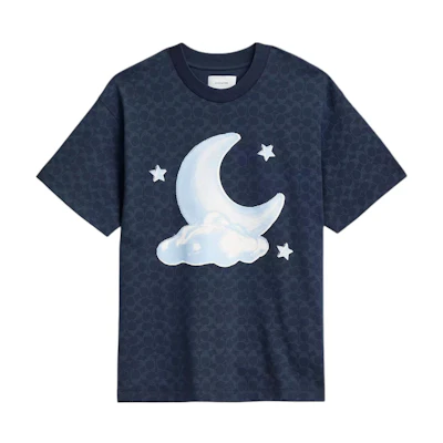 COACH Signature Moon Relaxed Organic Cotton Printed Navy Blue T-Shirt. CY375-OGF