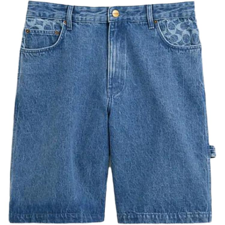 COACH  SS23 Solid Pocket Logo Print Denim Shorts in Blue. CI522-LUN