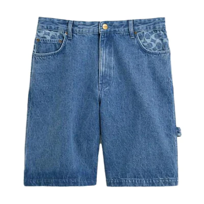 COACH SS23 Solid Pocket Logo Print Denim Shorts in Blue. CI522-LUN