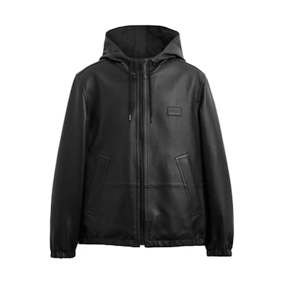 COACH SS24 Black Solid Color Leather Hooded Zip Jacket. CR479-BLK