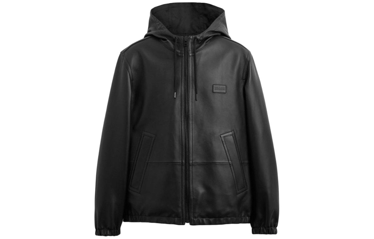 Order コーチ SS24 ブラック ソリッドカラー レザー フード付き ジップジャケット CR479-BLK