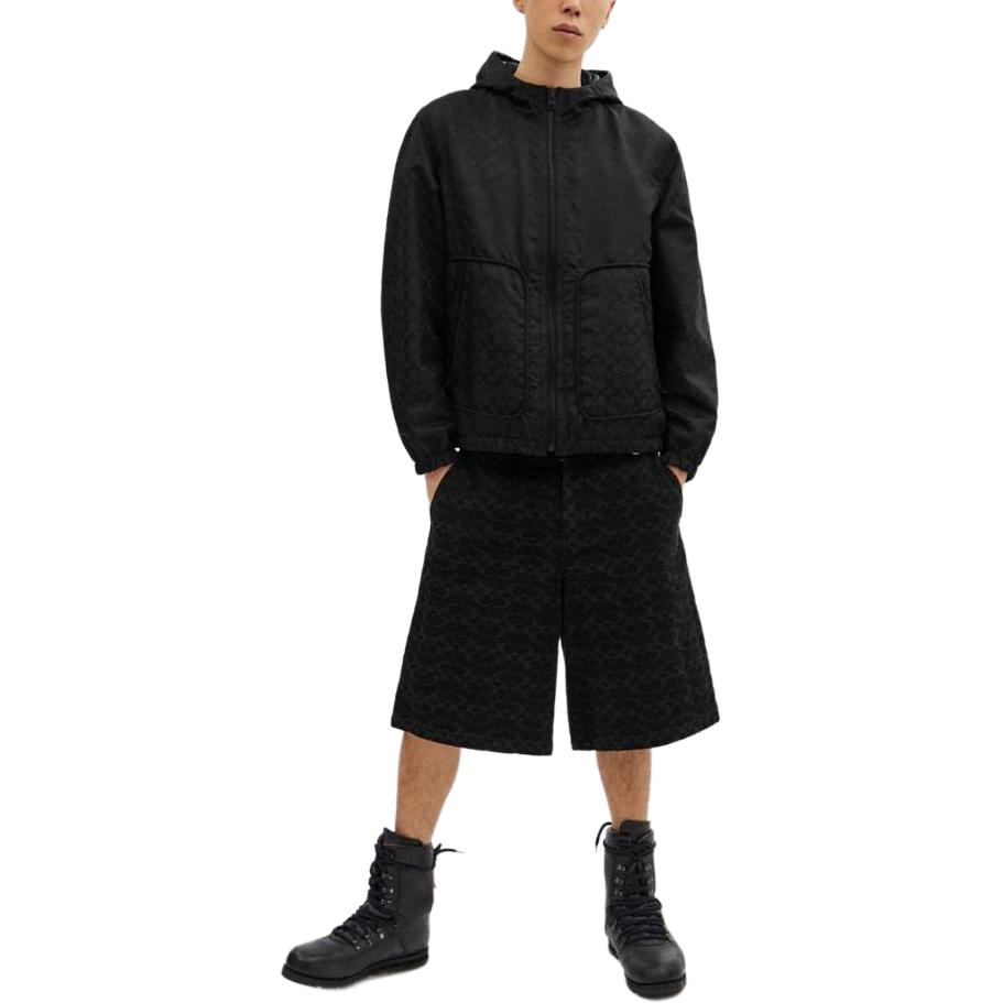 Lookbook コーチ SS24 ブラック ソリッドカラー レザー フード付き ジップジャケット CR479-BLK