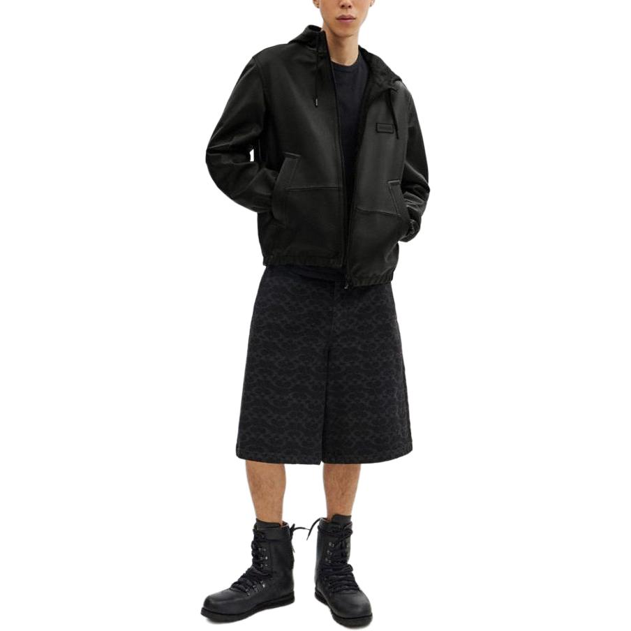 Shop コーチ SS24 ブラック ソリッドカラー レザー フード付き ジップジャケット CR479-BLK