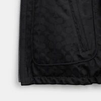 Sizing COACH SS24 Black Solid Color Leather Hooded Zip Jacket. CR479-BLK