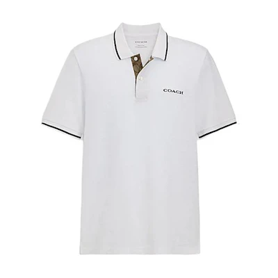 COACH SS24 White Short Sleeve Polo Shirt with Logo Print. CO817-WHT