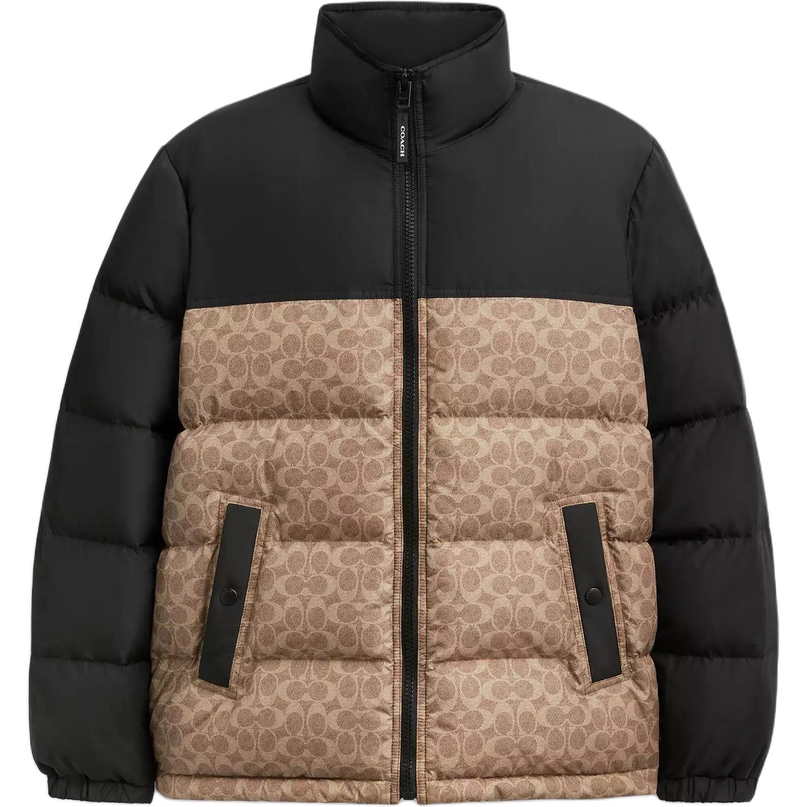 COACH Black/Brown Logo Print Puffer Jacket with Zip and Stand Collar CU798-RYU