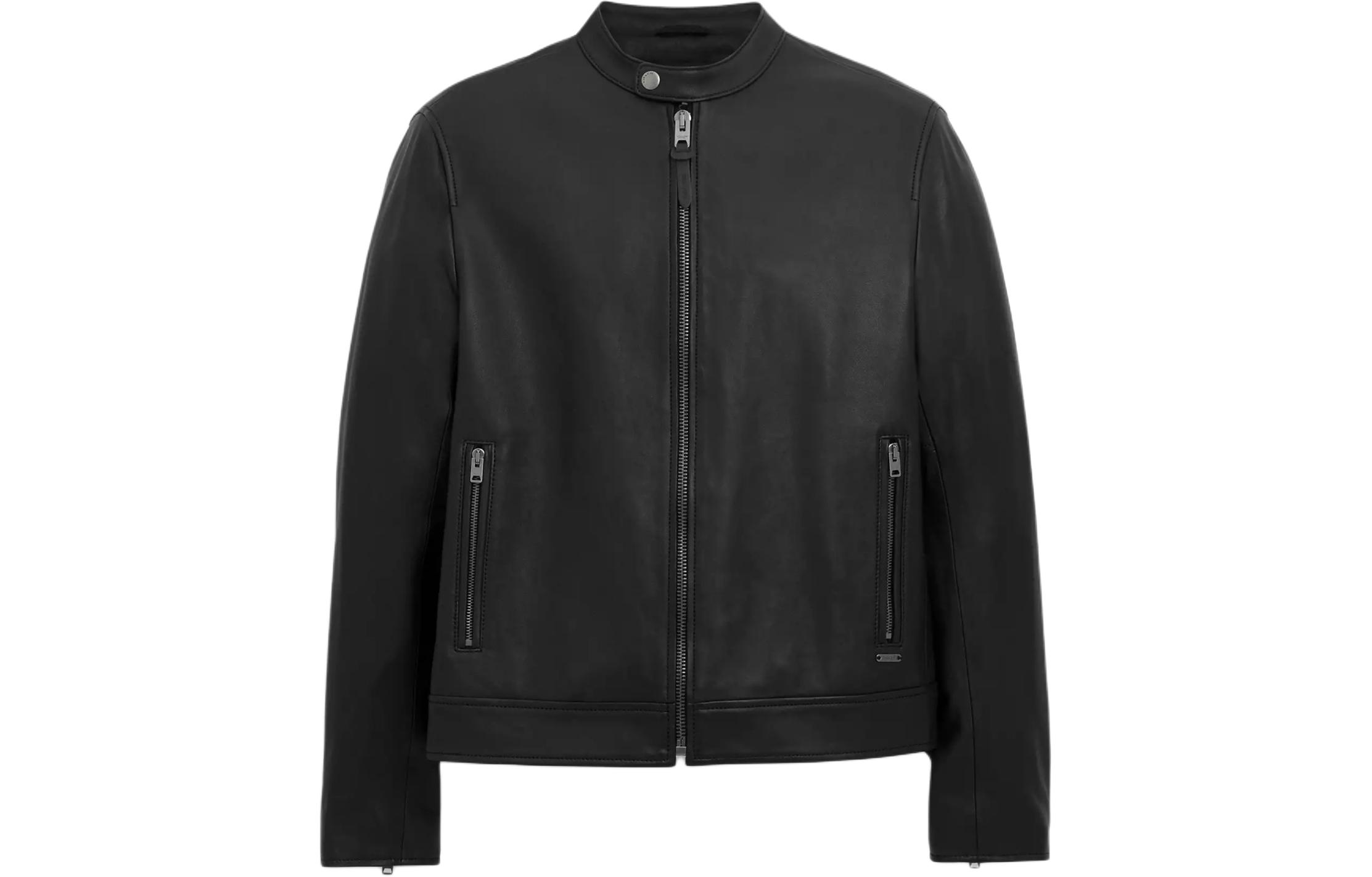 COACH Black Leather Racer Jacket - Solid Color Long Sleeve Zip-Up CS194-BLK