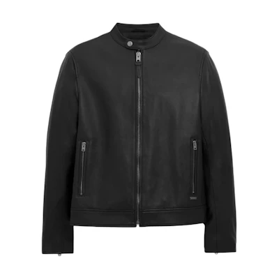 COACH Black Leather Racer Jacket - Solid Color Long Sleeve Zip-Up CS194-BLK