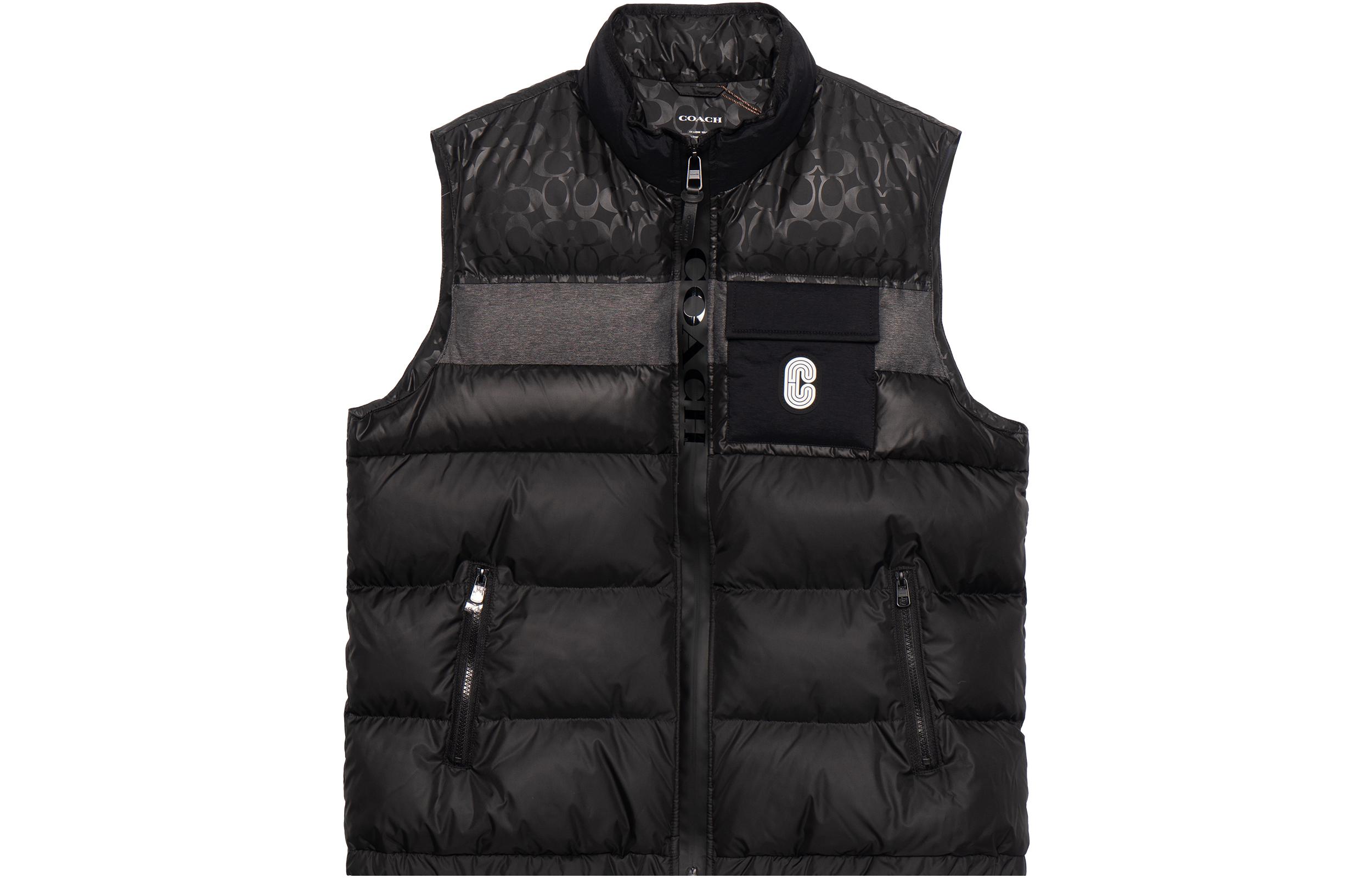 COACH Black Logo Puffer Vest with Chest Pocket and Stand Collar. C5036-R81