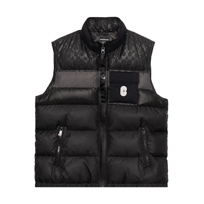 COACH Black Logo Puffer Vest with Chest Pocket and Stand Collar. C5036-R81