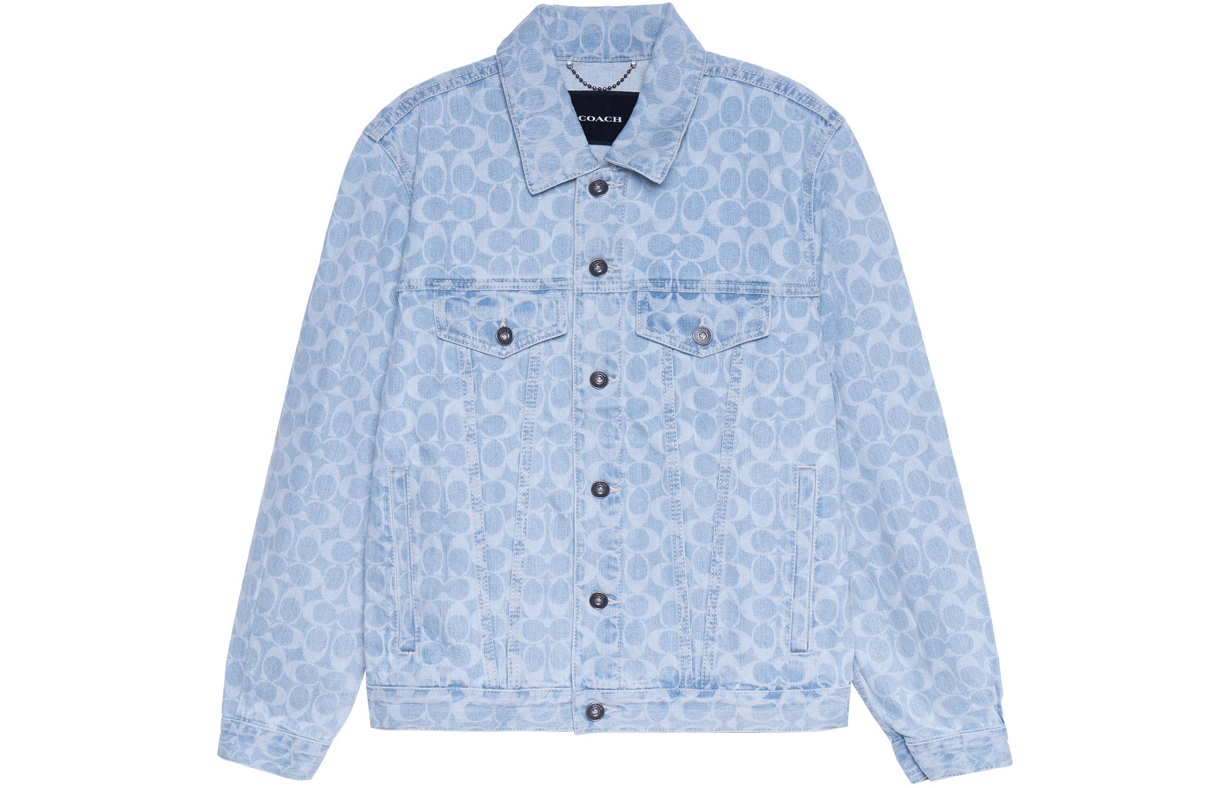 COACH Blue Denim Jacket with All-Over Logo Print and Button-Up Design. C4630-SL1