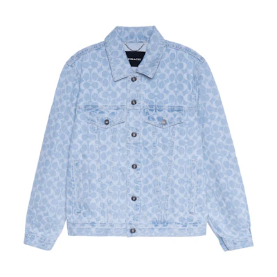 COACH Blue Denim Jacket with All-Over Logo Print and Button-Up Design. C4630-SL1