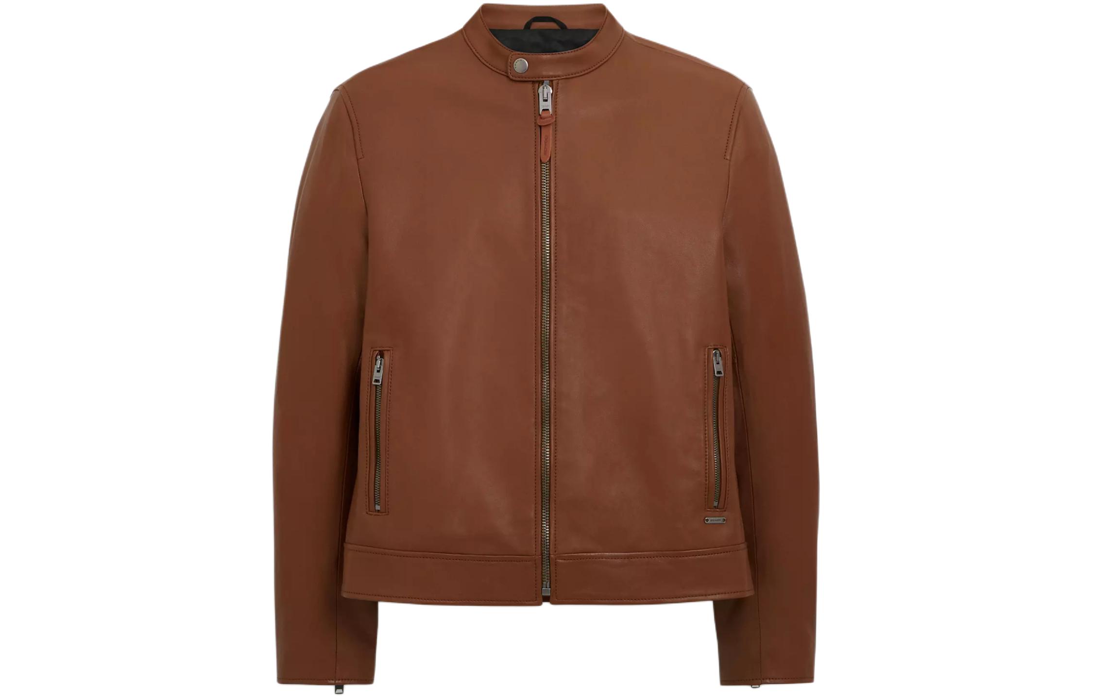 COACH Brown Leather Racer Jacket Long-Sleeve Zipper Outerwear CS194-S8G