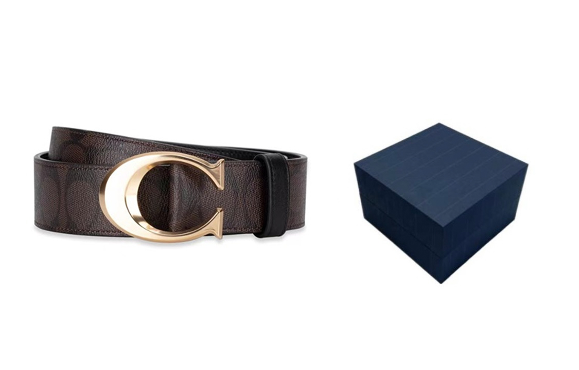 Sizing 蔻驰棕色经典Logo设计3.8cm宽皮革腰带 6140-IMOVE