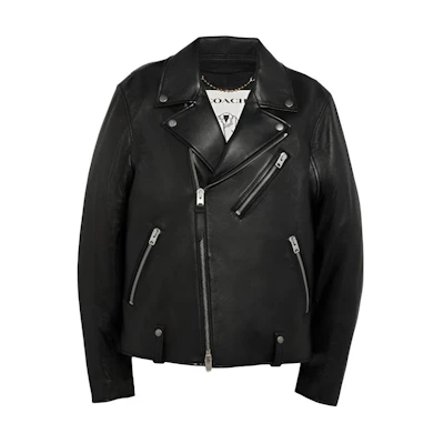 Coach FW20 Black Leather Biker Jacket with Zipper and Long Sleeves 5709-BLK