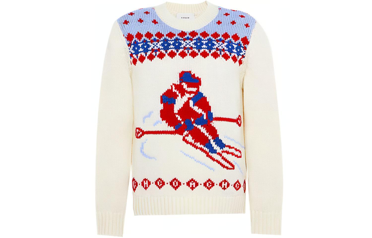 COACH FW21 Beige Colorblock Print Wool Sweater Pullover. C8184-CRM