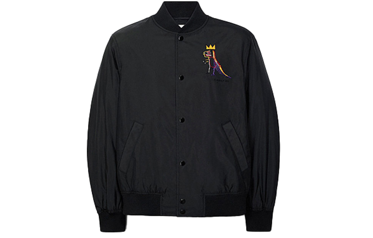 COACH FW21 Jean-Michel Basquiat Varsity Logo Dinosaur Jacket Black Mens C5221-BLK