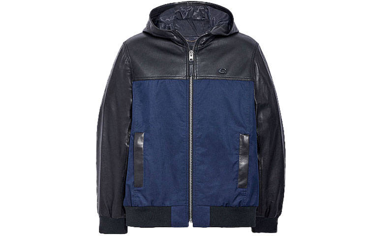 COACH FW21 Patchwork Leather Hooded Jacket Men’s Black Blue C5756-BKNV