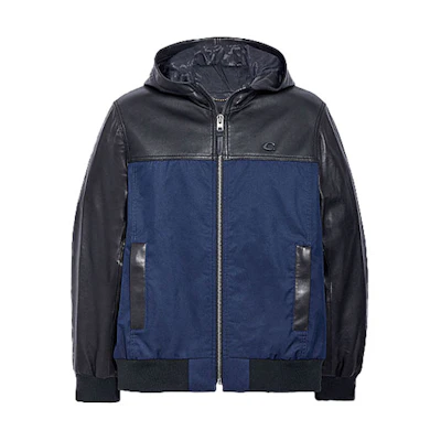 COACH FW21 Patchwork Leather Hooded Jacket Men’s Black Blue C5756-BKNV