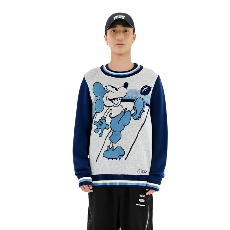 Lookbook COACH FW21 Sweater Wol Unisex Warna Blok Pola Biru C6468-BLNV