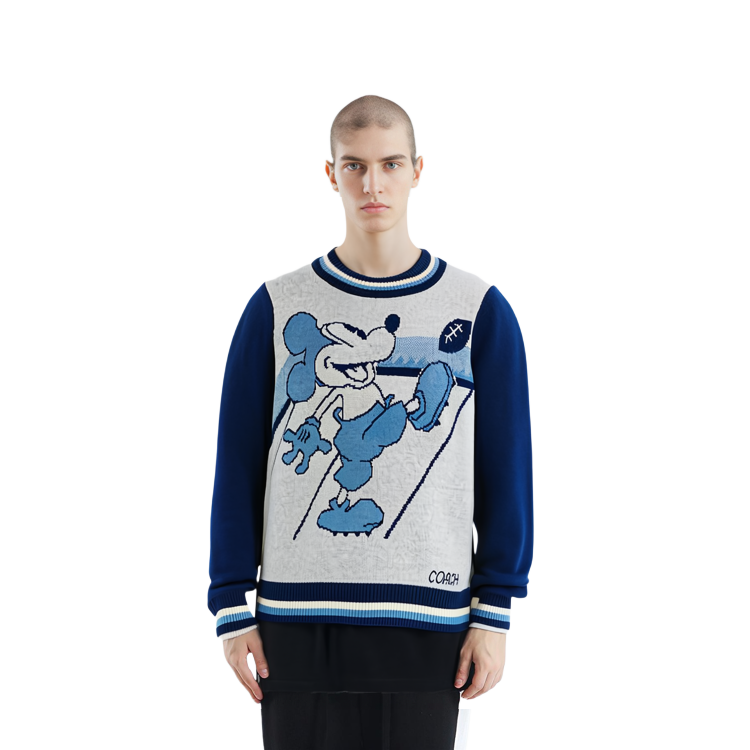 Shop COACH FW21 Sweater Wol Unisex Warna Blok Pola Biru C6468-BLNV