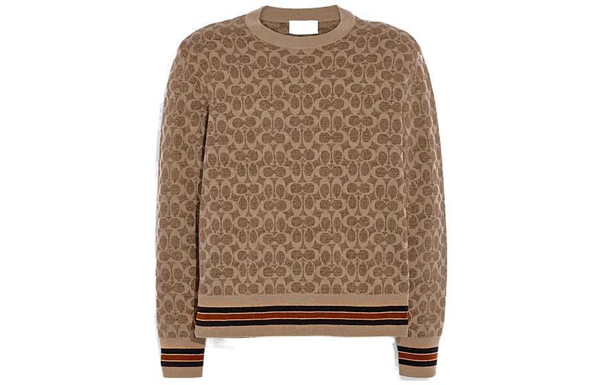COACH FW22  Brown Wool Sweater with All-Over Print & Striped Trim. C7984-RYU