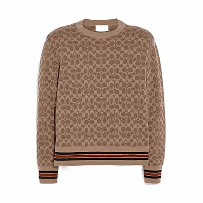 COACH FW22 Brown Wool Sweater with All-Over Print & Striped Trim. C7984-RYU