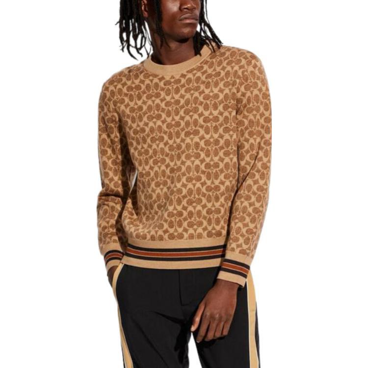 Lookbook COACH FW22  Brown Wool Sweater with All-Over Print & Striped Trim. C7984-RYU