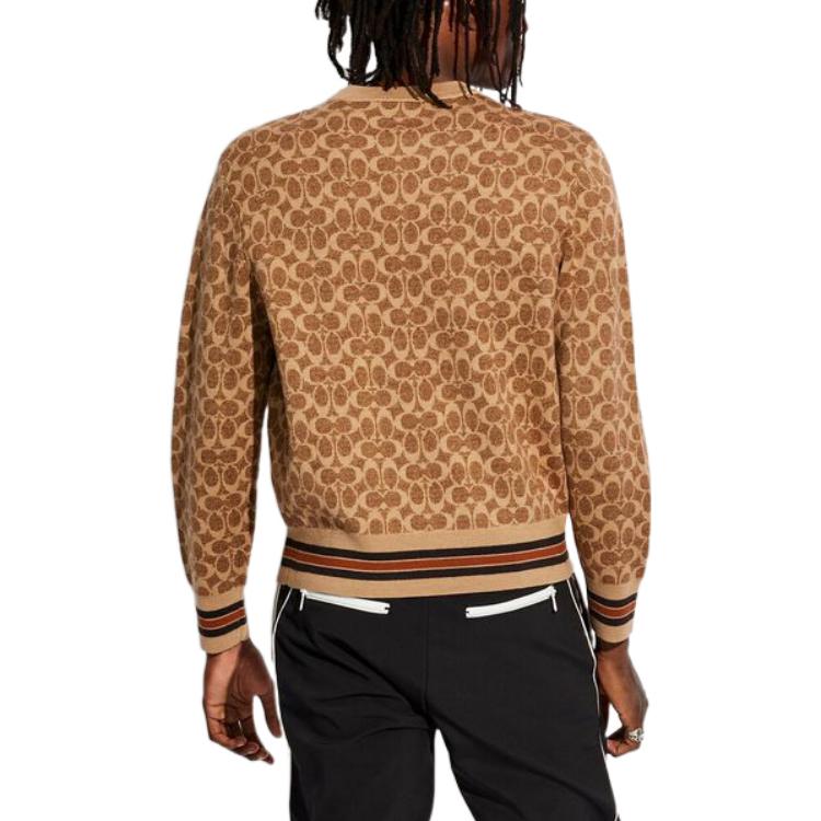 Shop COACH FW22  Brown Wool Sweater with All-Over Print & Striped Trim. C7984-RYU