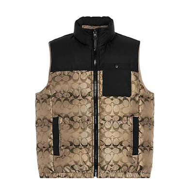 COACH FW22 Gold Sleeveless Vest with Logo Print and Colorblock Design. CF881-T5O