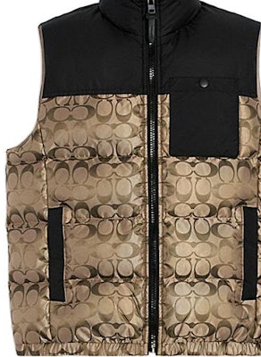 Coach FW22 Rompi Emas Tanpa Lengan dengan Logo dan Desain Colorblock. CF881-T5O Sizing Coach FW22 Rompi Emas Tanpa Lengan dengan Logo dan Desain Colorblock. CF881-T5O