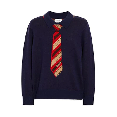 COACH FW22 Navy Blue Colorblock Jacquard Collar Long-Sleeve Sweater CA905-NAV