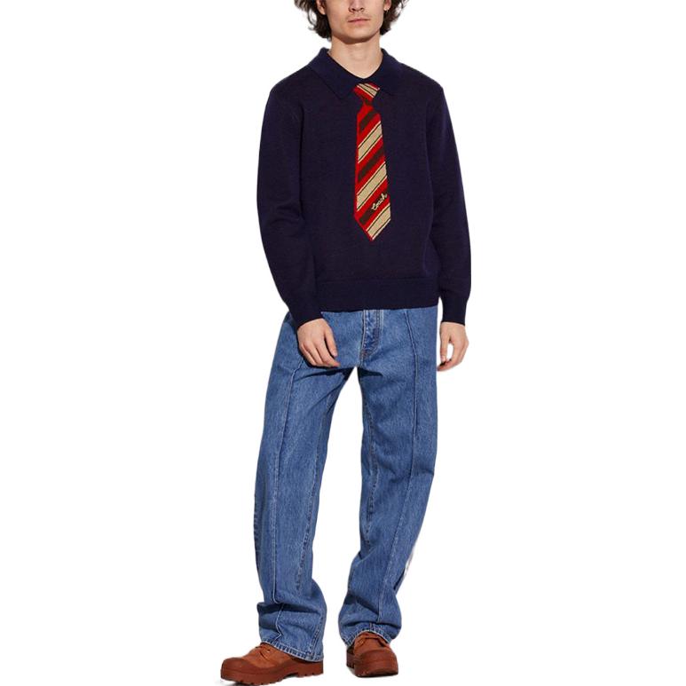 Lookbook COACH FW22  Navy Blue Colorblock Jacquard Collar Long-Sleeve Sweater CA905-NAV