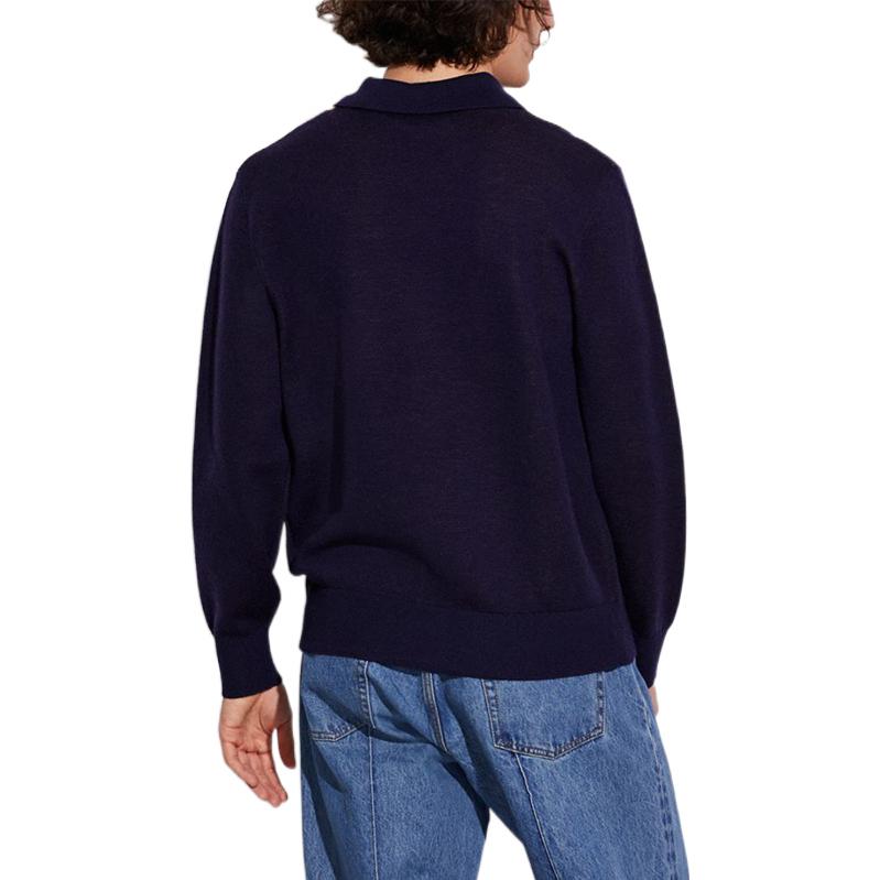 Shop COACH FW22  Navy Blue Colorblock Jacquard Collar Long-Sleeve Sweater CA905-NAV