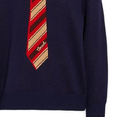 COACH FW22 Navy Blue Colorblock Jacquard Collar Long-Sleeve Sweater CA905-NAV Details for COACH FW22 Navy Blue Colorblock Jacquard Collar Long-Sleeve Sweater CA905-NAV