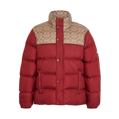 COACH FW22 Red Logo Printed Colorblock Down Jacket CE333-RED