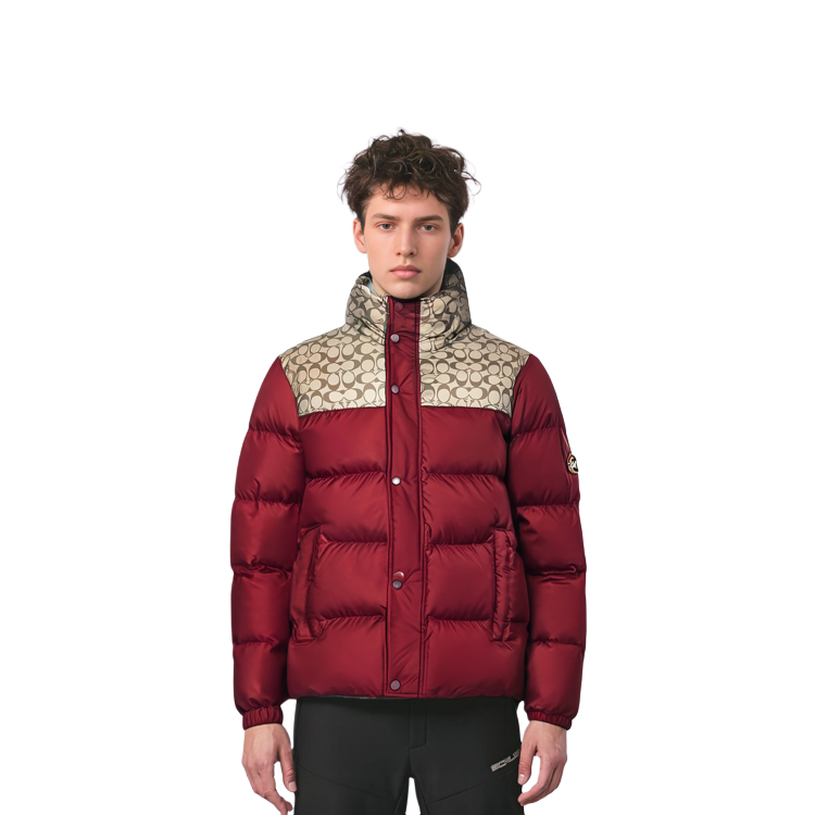 Shop COACH FW22  Red Logo Printed Colorblock Down Jacket CE333-RED