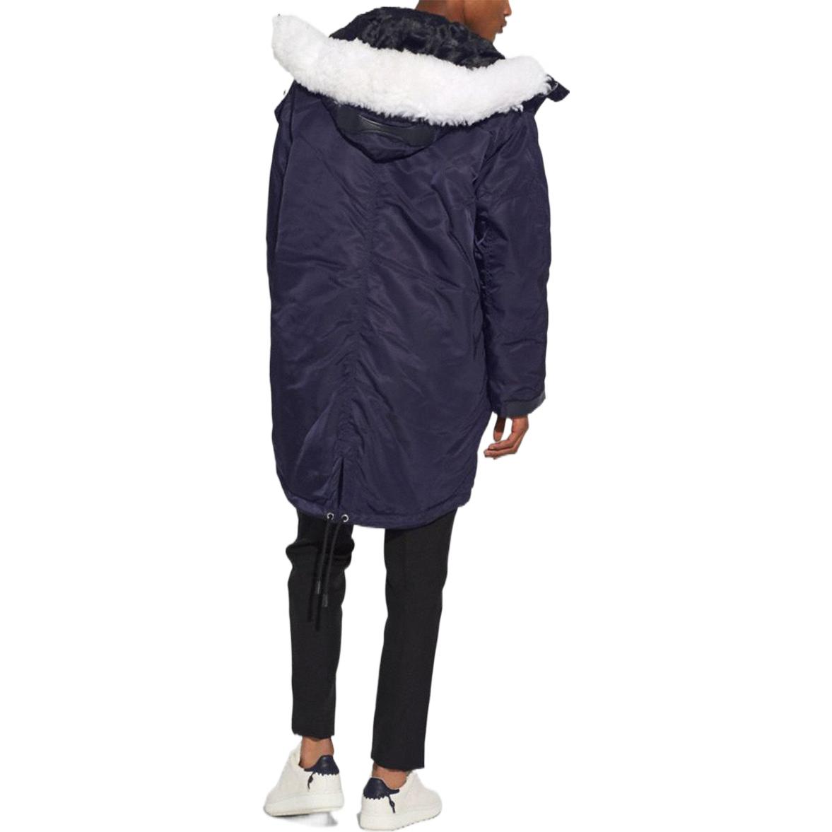 Shop COACH FW22  Solid Color Mid-Length Hooded Down Jacket Navy Blue 59584-M9N