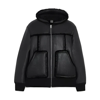 COACH FW22 Black Shearling Leather Long-Sleeve Hooded Jacket for Men CD177-BLK