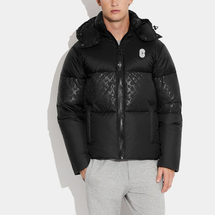 Shop COACH FW22 Jaket Hitam Unisex Logo Patch Hooded Down Warna Blok CI011-BLC