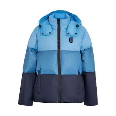 COACH FW22 Colorblock Print Hooded Puffer Jacket Men’s Mixed Blue CB661-BLMC