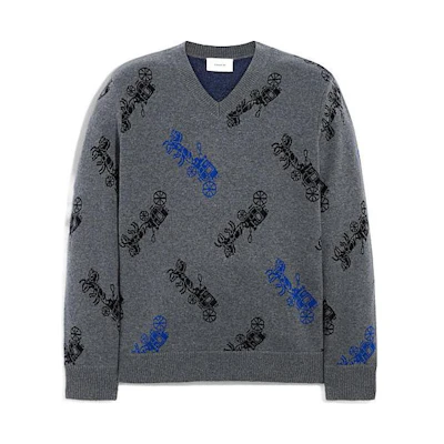 COACH FW22 Grey V-Neck Patterned Knit Sweater for Men. CE280-GRM