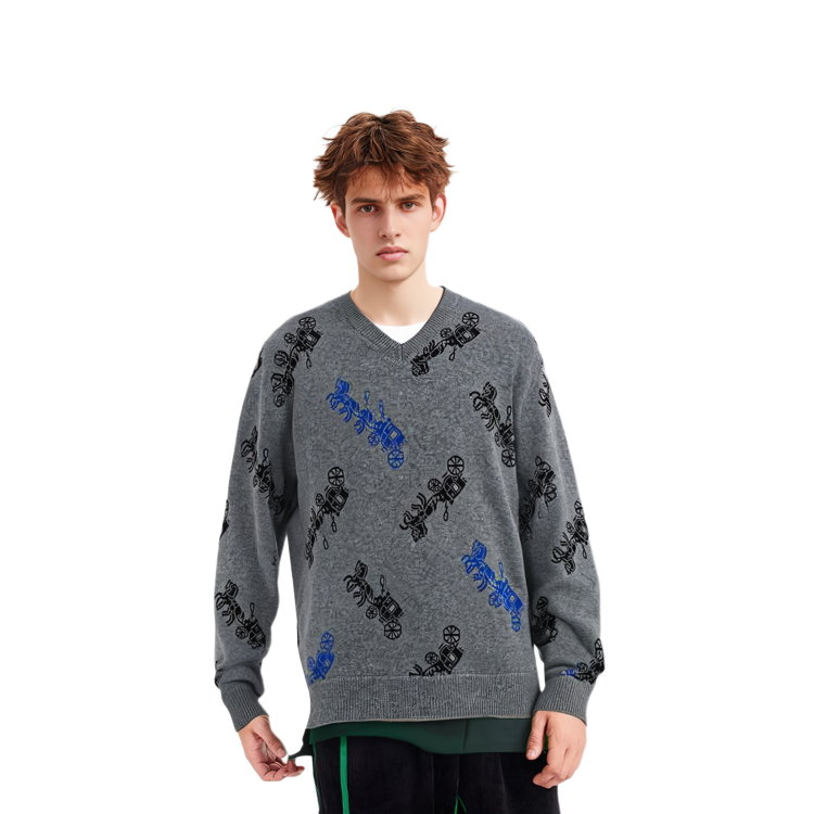 Lookbook COACH FW22 Grey V-Neck Patterned Knit Sweater for Men. CE280-GRM
