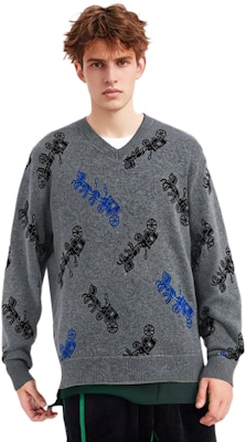 COACH FW22 Grey V-Neck Patterned Knit Sweater for Men. CE280-GRM Lookbook COACH FW22 Grey V-Neck Patterned Knit Sweater for Men. CE280-GRM
