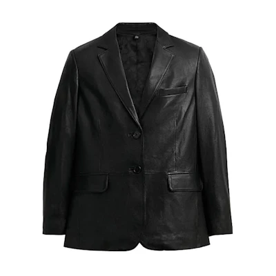 COACH FW23 Black Leather Jacket with Single-Breasted Design. CQ220-BLK